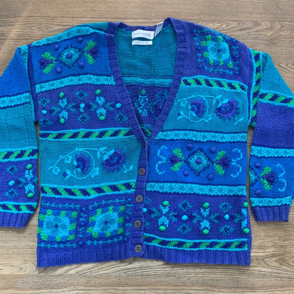 Robert Scott Ltd Vintage Hand Knitted Cardigan Blue Teal Floral Bobble Large